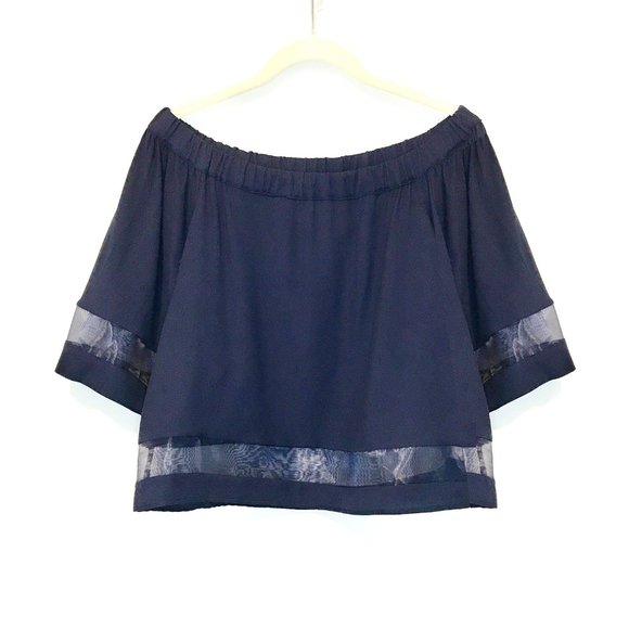 Navy Off Shoulder Top with Sheer Stipes NWT - Picture 1 of 5